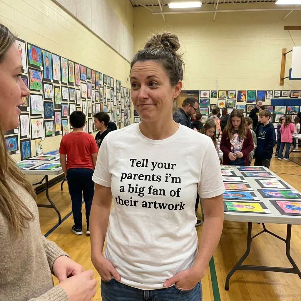 Tell Your Parents I'm A Big Fan Of Their Artwork T-Shirt 5 Everyday streetwear outfit styling white shirt with white tee front print reading Tell your parents im a big fan of their artwork in bold black serif text