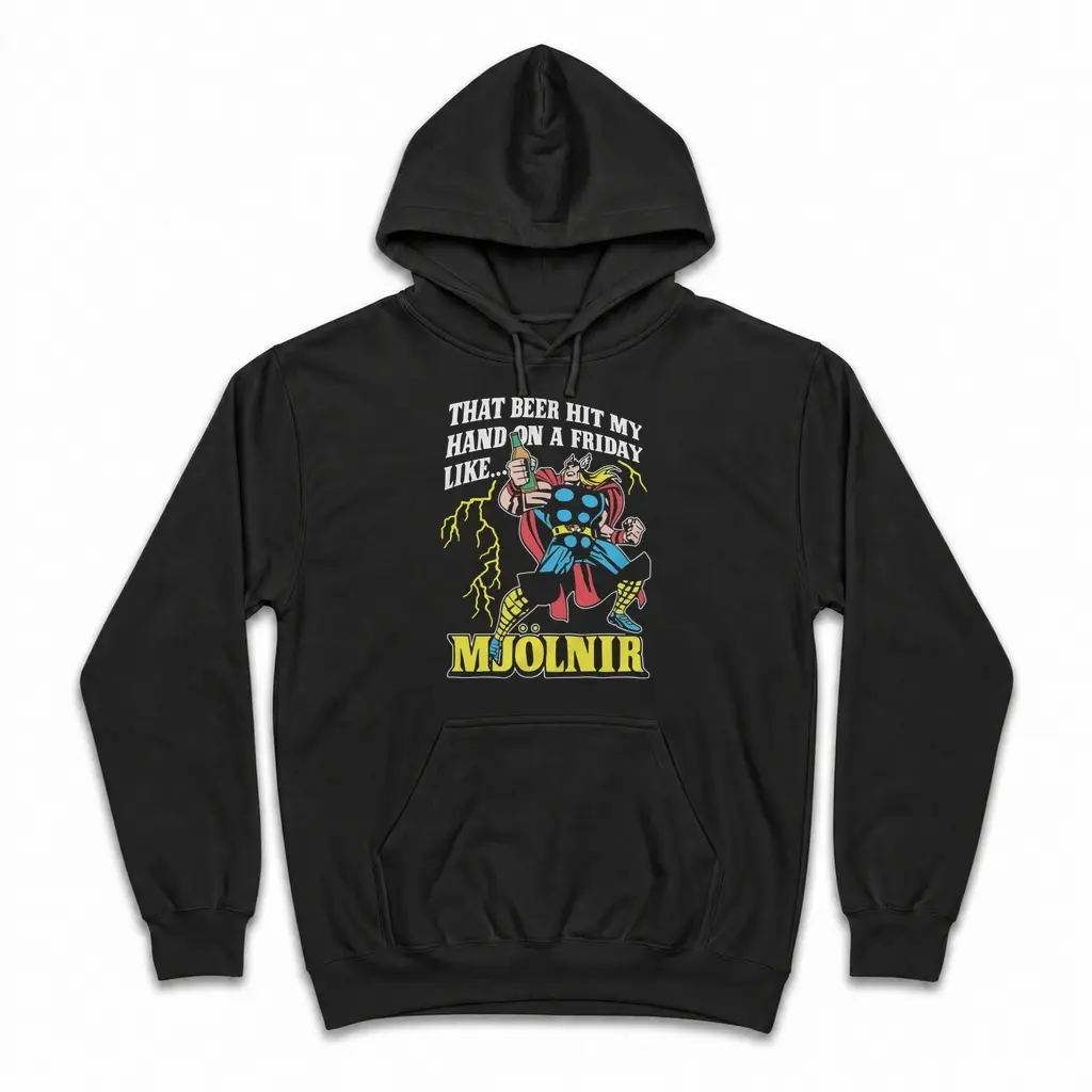 That Beer Hit My Hand On A Friday Like Mjolnir Funny T-Shirt 2 Cozy pullover hoodie displaying black tee front print reading THAT BEER HIT MY HAND ON A FRIDAY LIKE MJOLNIR with a comic thunder warrior holding a beer