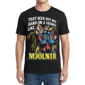 That Beer Hit My Hand On A Friday Like Mjolnir Funny T-Shirt 9 Man wearing black graphic tee with black tee front print reading THAT BEER HIT MY HAND ON A FRIDAY LIKE MJOLNIR with a comic thunder warrior holding a beer