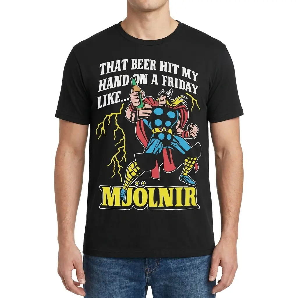 That Beer Hit My Hand On A Friday Like Mjolnir Funny T-Shirt 4 Man wearing black graphic tee with black tee front print reading THAT BEER HIT MY HAND ON A FRIDAY LIKE MJOLNIR with a comic thunder warrior holding a beer
