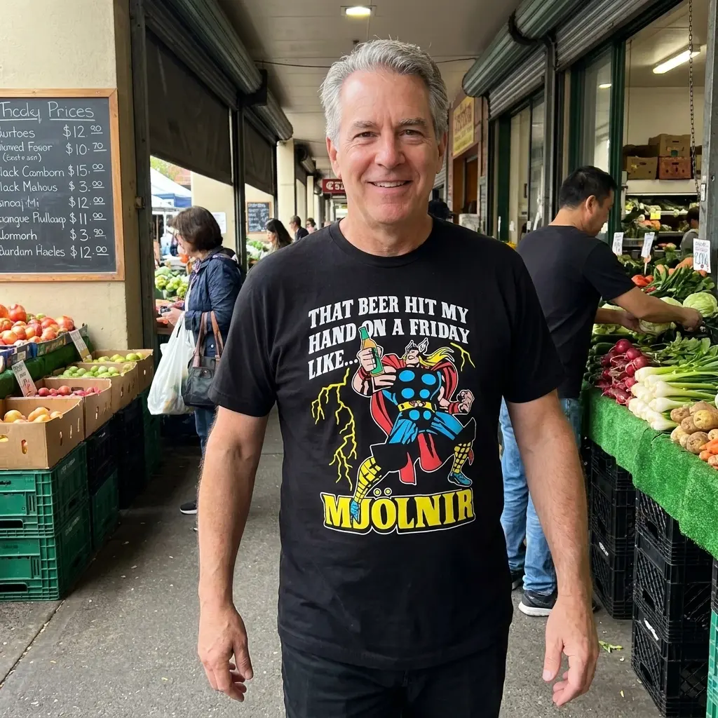 That Beer Hit My Hand On A Friday Like Mjolnir Funny T-Shirt 6 Close-up casual look showcasing black tee and black tee front print reading THAT BEER HIT MY HAND ON A FRIDAY LIKE MJOLNIR with a comic thunder warrior