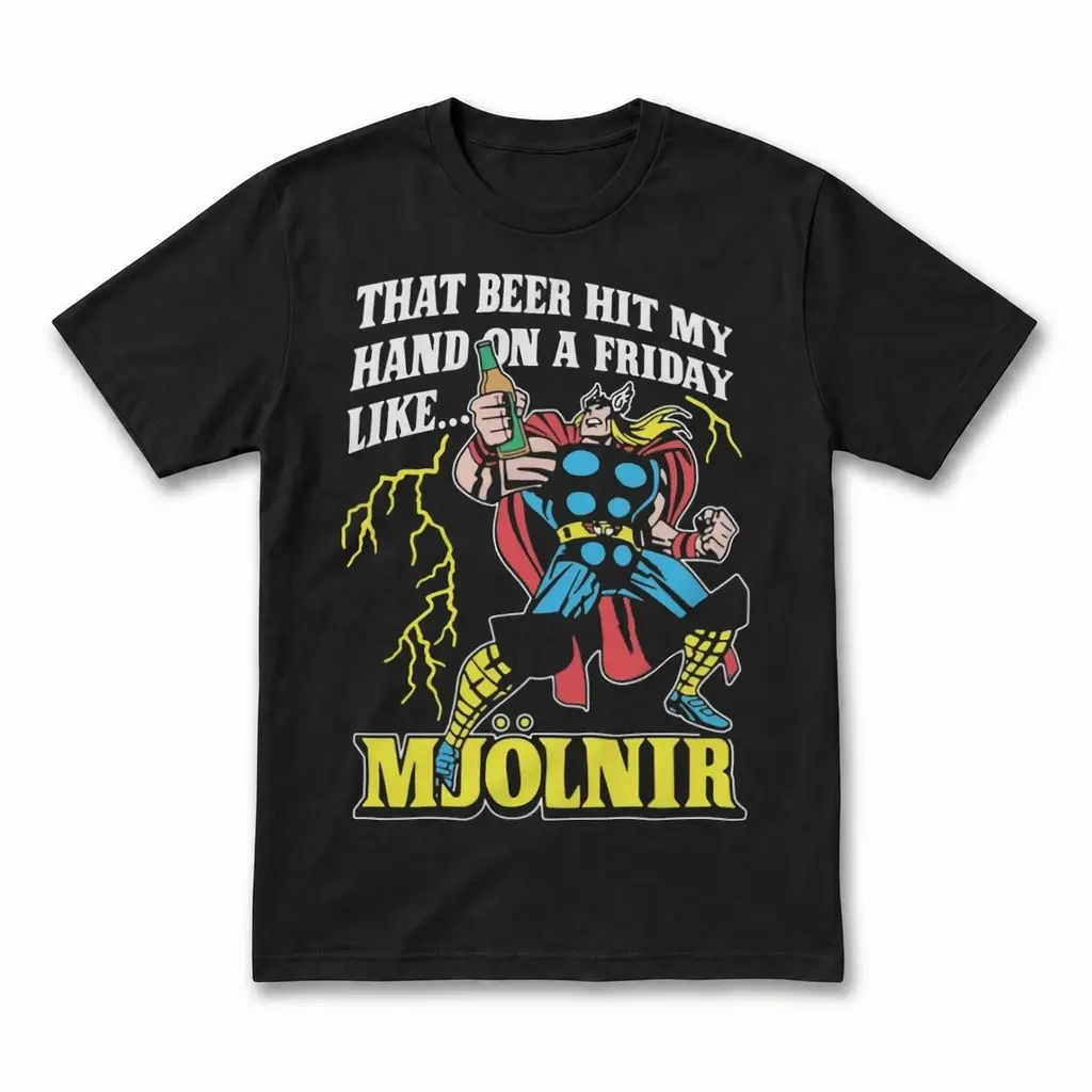That Beer Hit My Hand On A Friday Like Mjolnir Funny T-Shirt 1 Flatlay black t-shirt featuring black tee front print reading THAT BEER HIT MY HAND ON A FRIDAY LIKE MJOLNIR with a comic thunder warrior holding a beer