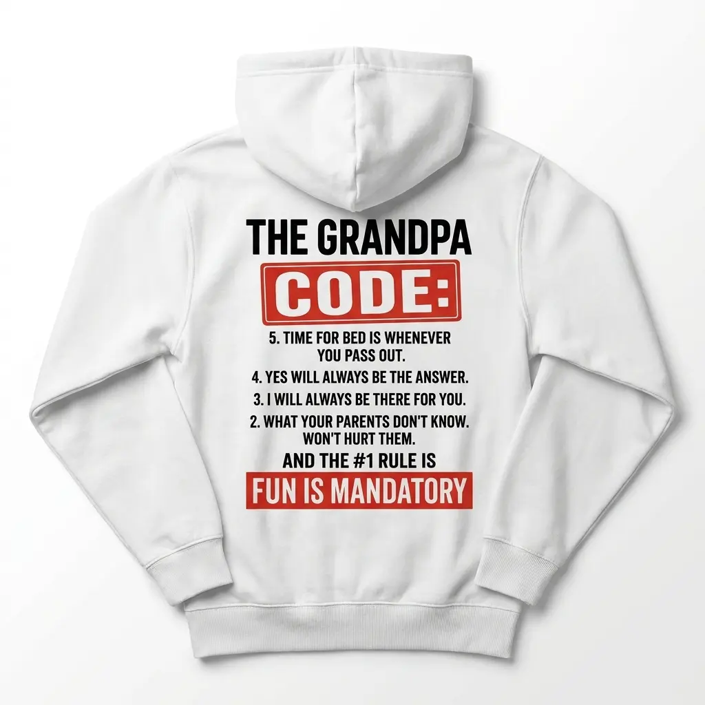 White hoodie back flatlay showing The Grandpa Code five funny rules and red Fun Is Mandatory stamp
