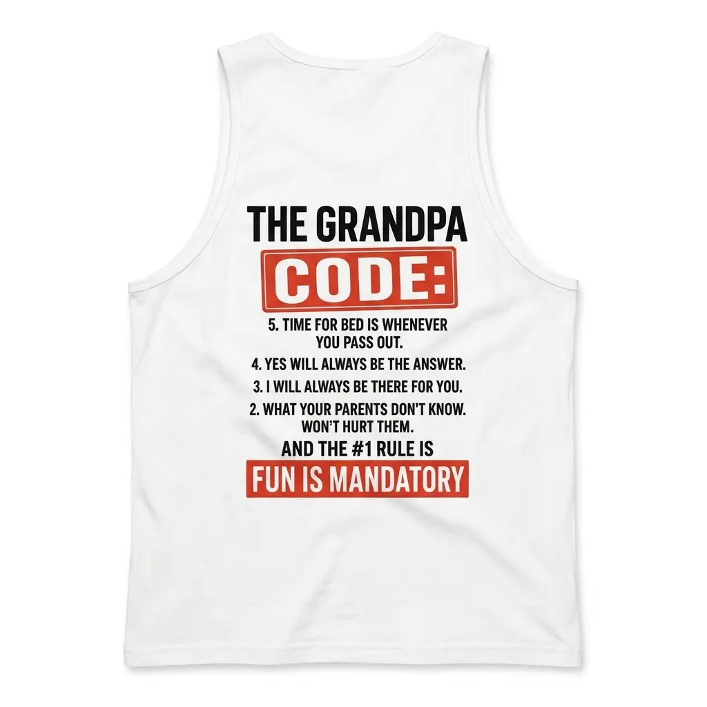 White tank top back flatlay printed with The Grandpa Code Time For Bed Is Whenever You Pass Out graphic