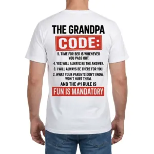 The Grandpa Code Fun Is Mandatory Funny Grandfather T-Shirt 9 Rear view of a man wearing the white The Grandpa Code Fun Is Mandatory Funny Grandfather T-Shirt