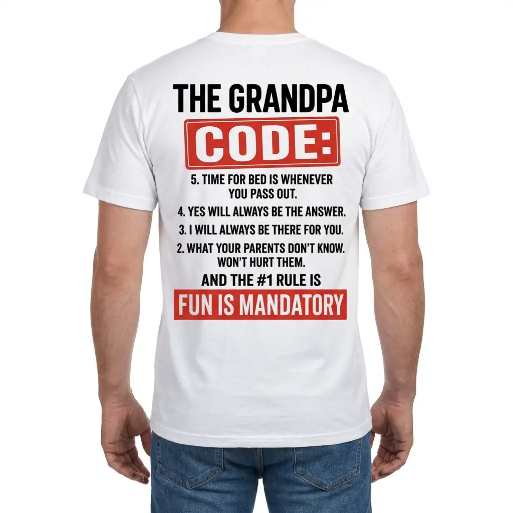 Rear view of a man wearing the white The Grandpa Code Fun Is Mandatory Funny Grandfather T-Shirt