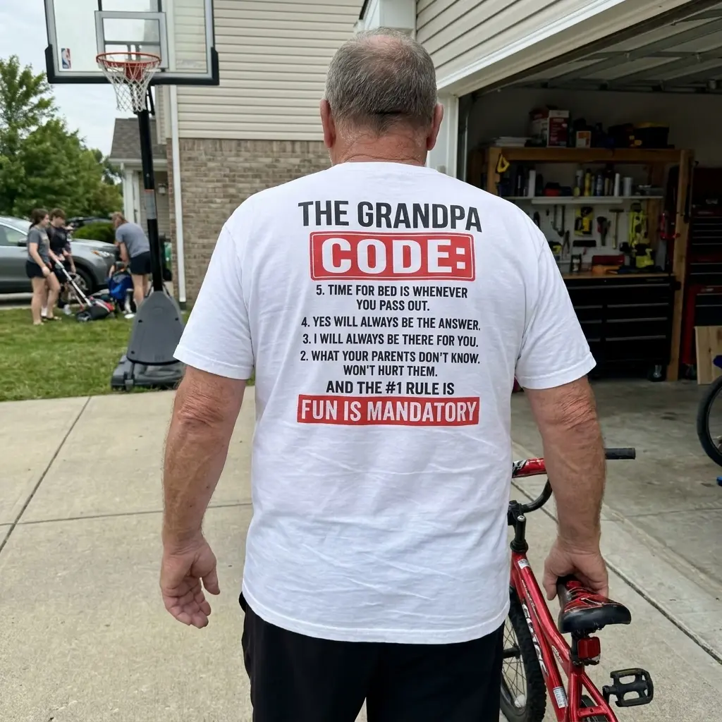 Candid outdoor rear photo of a grandfather wearing the white The Grandpa Code Fun Is Mandatory T-Shirt