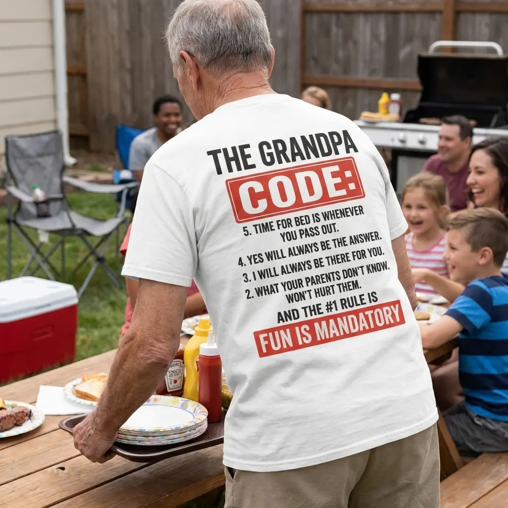 Everyday casual snapshot showing the back print of the white The Grandpa Code five rules grandfather shirt