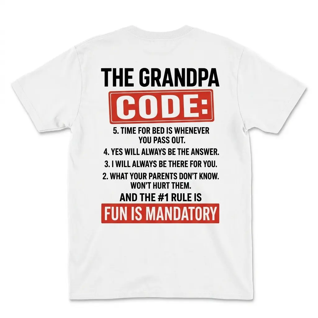 The Grandpa Code Fun Is Mandatory Funny Grandfather T-Shirt back flatlay on a white tee with black and red rules list
