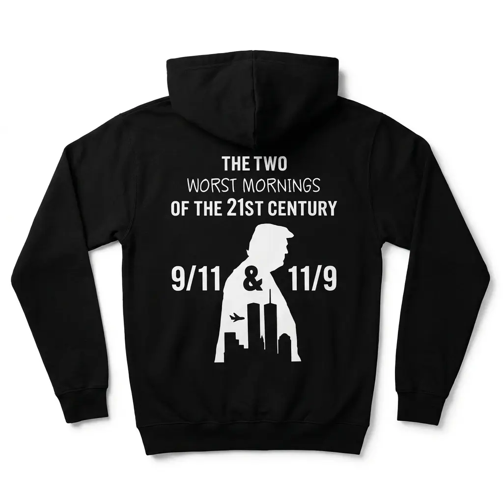 Black hoodie back flatlay displaying The Two Worst Mornings Of The 21st Century 9/11 & 11/9 political satire graphic