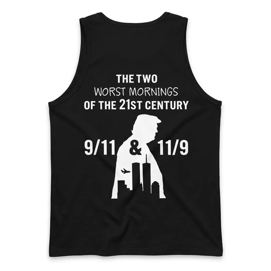 Black tank top back flatlay printed with the monochrome 9/11 and 11/9 political commentary artwork