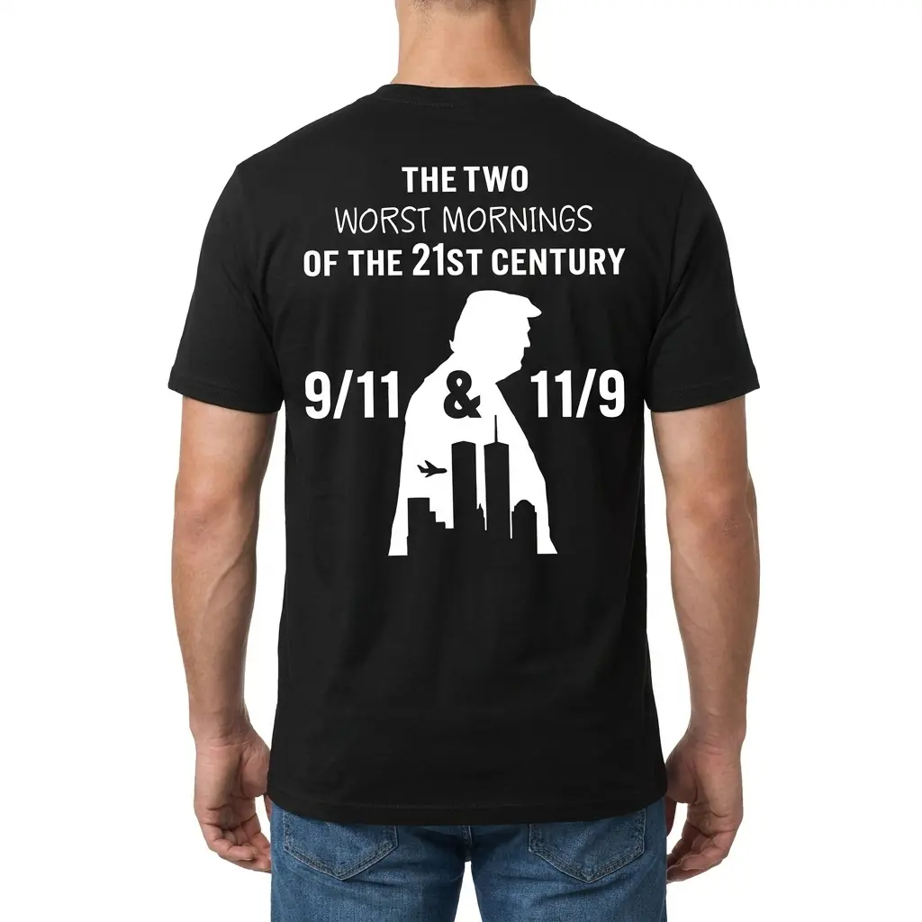 Rear view of a man wearing the black The Two Worst Mornings Of The 21st Century 9/11 11/9 T-Shirt