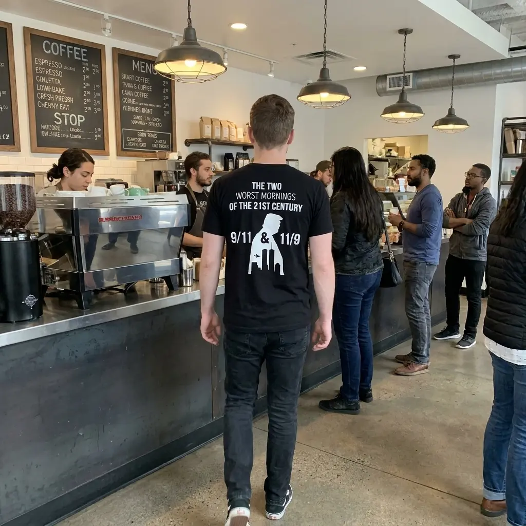 Candid outdoor rear view of a wearer in the black The Two Worst Mornings Of The 21st Century 9/11 11/9 T-Shirt