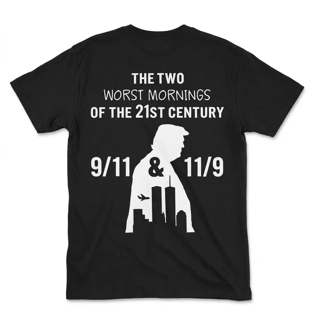 The Two Worst Mornings Of The 21st Century 9/11 11/9 T-Shirt back flatlay on a black tee with white silhouette art