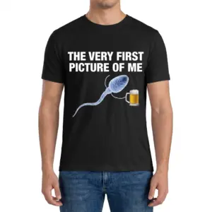 The Very First Picture of Me Beer T-Shirt 9 Front view of a man wearing the first picture of me shirt featuring a humorous graphic of a sperm holding a beer mug.