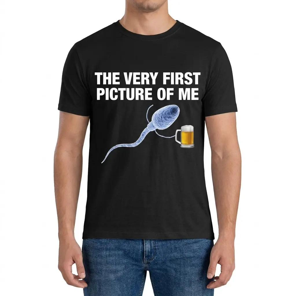 The Very First Picture of Me Beer T-Shirt 4 Front view of a man wearing the first picture of me shirt featuring a humorous graphic of a sperm holding a beer mug.