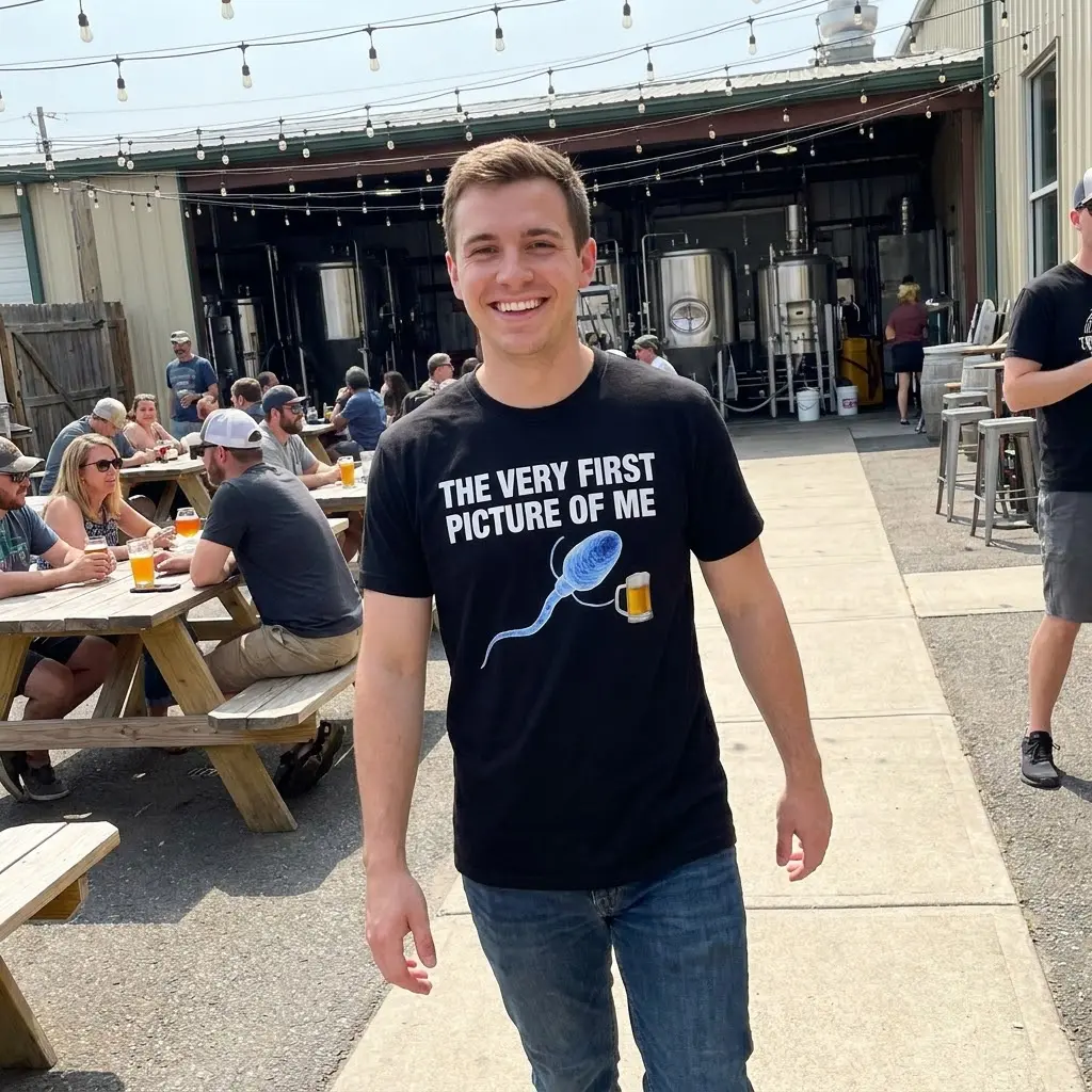 The Very First Picture of Me Beer T-Shirt 6 Lifestyle presentation highlighting the humorous 'The Very First Picture of Me' beer t-shirt design in everyday use.