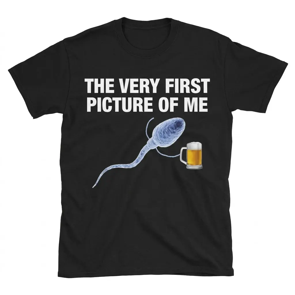 The Very First Picture of Me Beer T-Shirt 1 Flat lay of a black t-shirt featuring 'The Very First Picture of Me' text above a sperm cell holding a mug of beer.