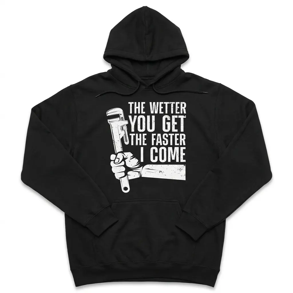The Wetter You Get The Faster I Come Plumber T-Shirt 2 Black hoodie laid flat with a white vintage print reading 'The Wetter You Get The Faster I Come' next to a hand gripping a pipe wrench.