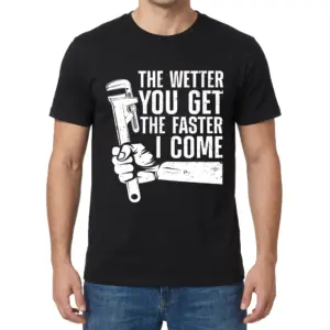 The Wetter You Get The Faster I Come Plumber T-Shirt 9 Front view of a man wearing the black plumber t-shirt featuring the text 'The Wetter You Get The Faster I Come' with a pipe wrench graphic.