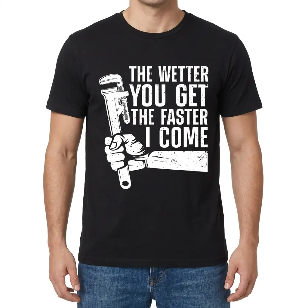 The Wetter You Get The Faster I Come Plumber T-Shirt 4 Front view of a man wearing the black plumber t-shirt featuring the text 'The Wetter You Get The Faster I Come' with a pipe wrench graphic.
