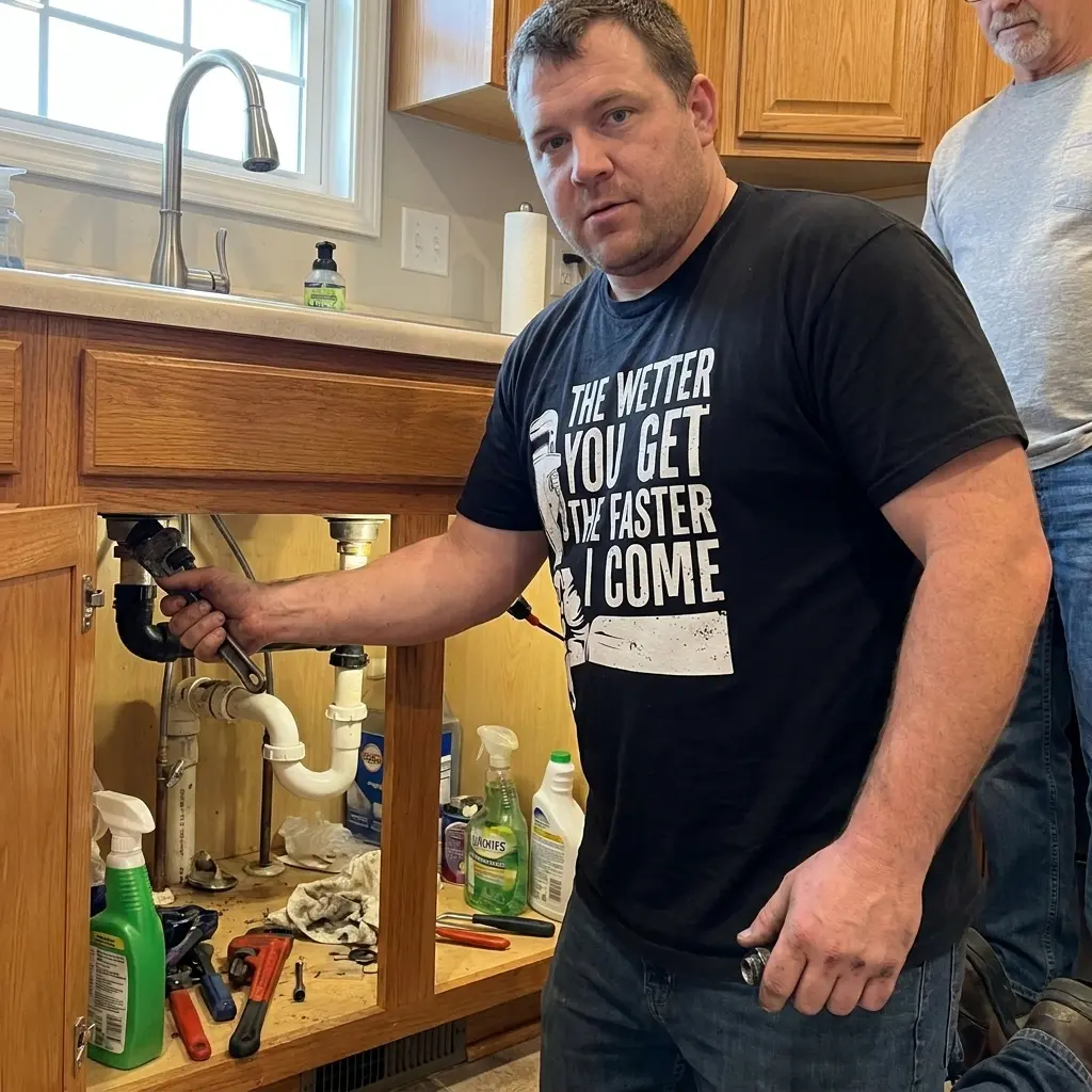 The Wetter You Get The Faster I Come Plumber T-Shirt 5 A man wearing the black t-shirt printed with 'The Wetter You Get The Faster I Come' graphic in a lifestyle setting.
