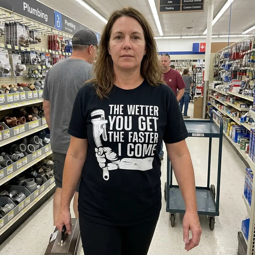 The Wetter You Get The Faster I Come Plumber T-Shirt 6 Detailed view of the white plumber quote graphic featuring a hand holding a pipe wrench printed on a black t-shirt.