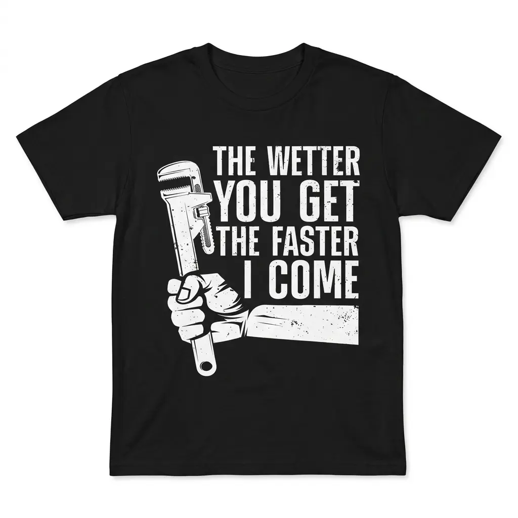 The Wetter You Get The Faster I Come Plumber T-Shirt 1 Flat lay of a black t-shirt featuring a white graphic of a hand holding a pipe wrench and text reading 'The Wetter You Get The Faster I Come'.