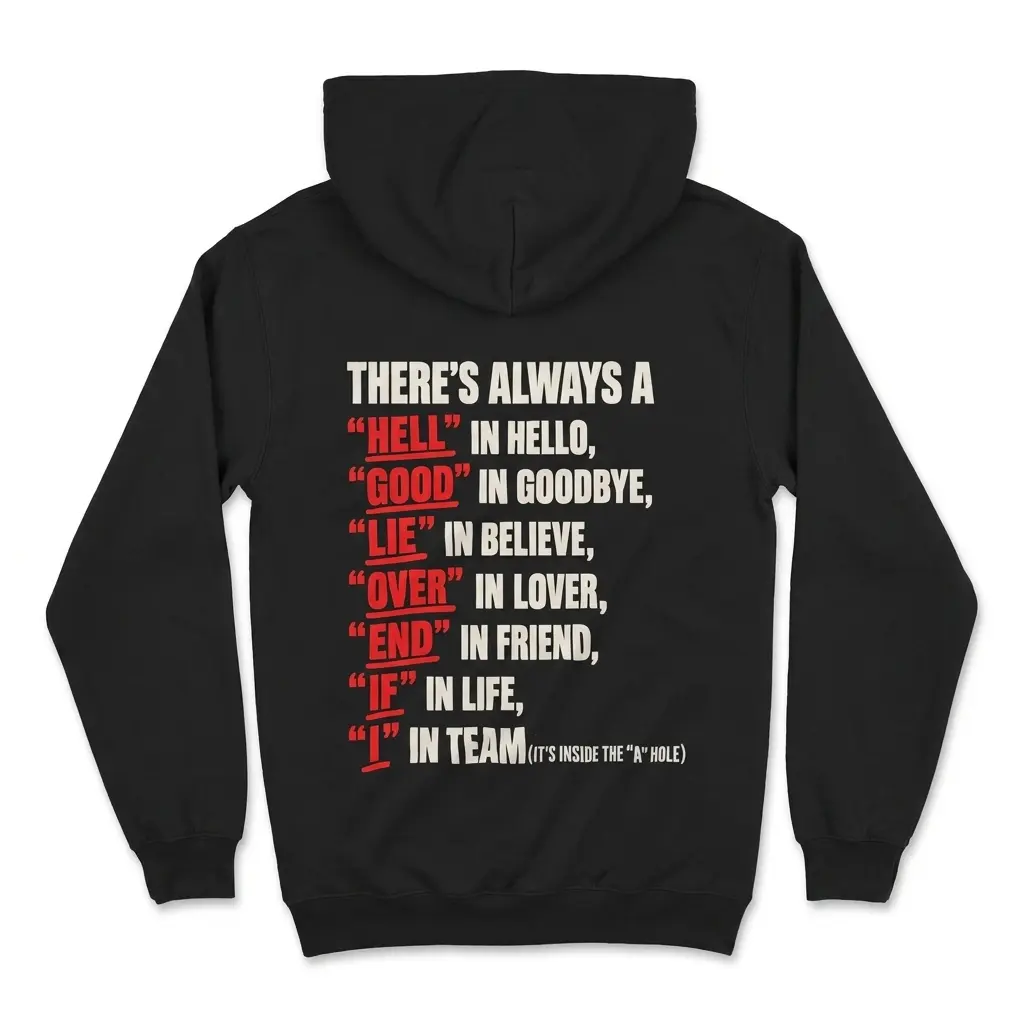 Cozy pullover hoodie displaying black tee back print reading THERE'S ALWAYS A HELL IN HELLO GOOD IN GOODBYE LIE IN BELIEVE and I IN TEAM