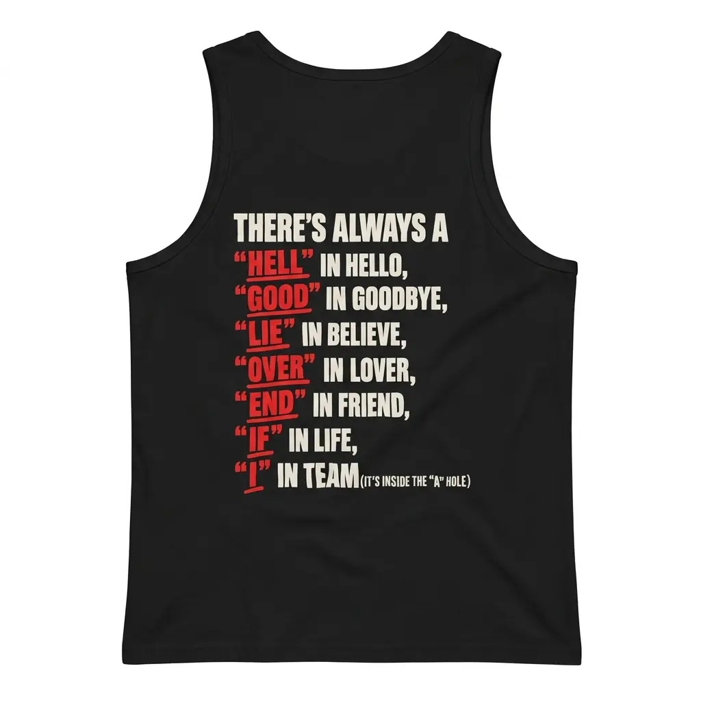 Sleeveless casual tank top with black tee back print reading THERE'S ALWAYS A HELL IN HELLO GOOD IN GOODBYE LIE IN BELIEVE and I IN TEAM