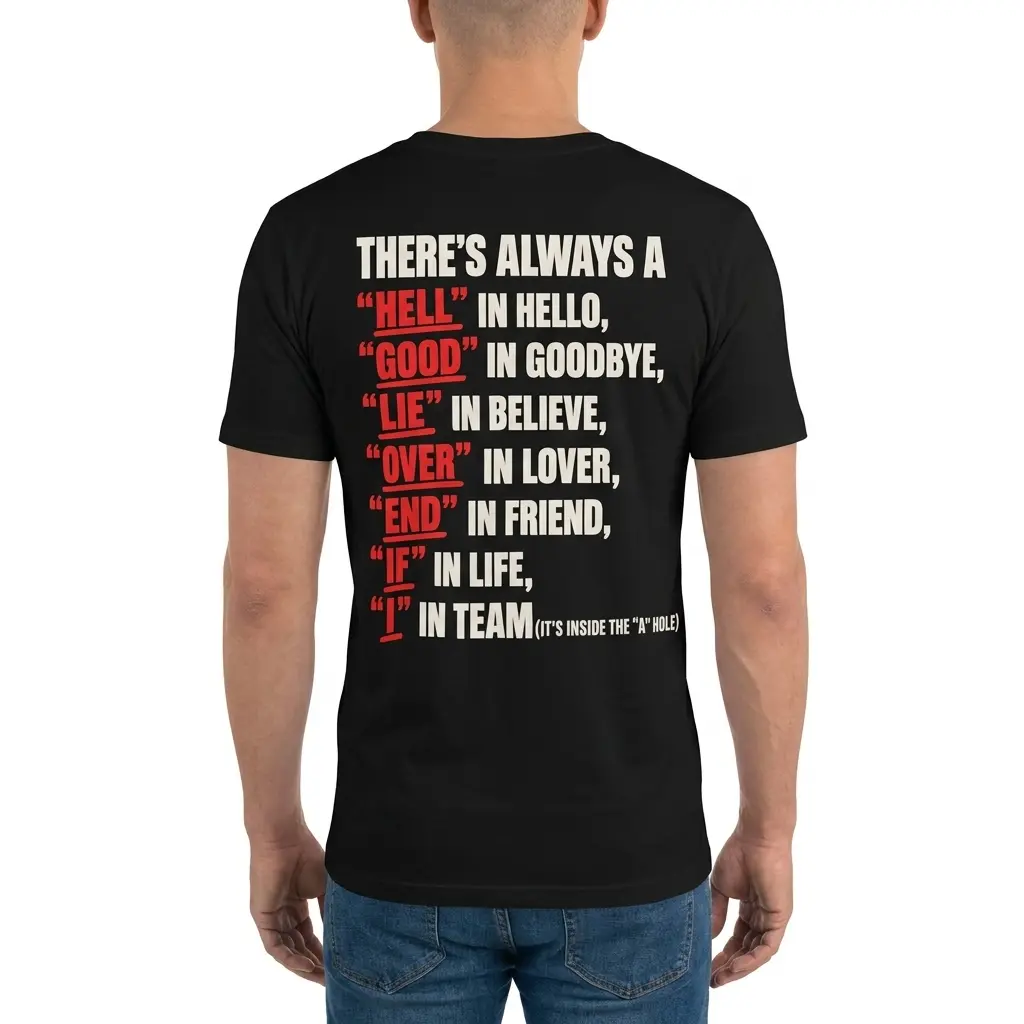Man wearing black graphic tee with black tee back print reading THERE'S ALWAYS A HELL IN HELLO GOOD IN GOODBYE LIE IN BELIEVE and I IN TEAM