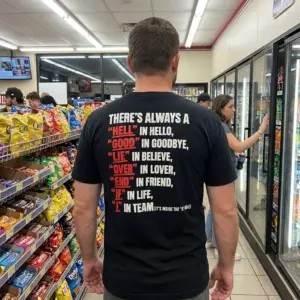 There's Always a Hell in Hello Sarcastic Wordplay T-Shirt 10 Everyday streetwear outfit styling black shirt with black tee back print reading THERE'S ALWAYS A HELL IN HELLO GOOD IN GOODBYE LIE IN BELIEVE and I IN TEAM