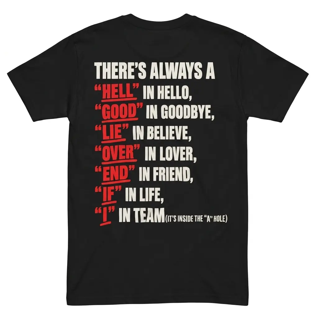 Flatlay black t-shirt featuring black tee back print reading THERE'S ALWAYS A HELL IN HELLO GOOD IN GOODBYE LIE IN BELIEVE and I IN TEAM