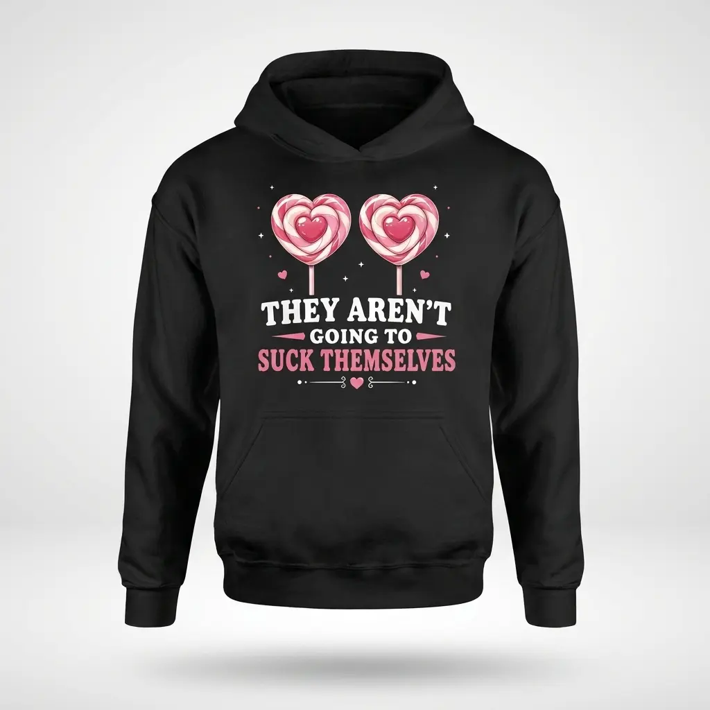 They Aren't Going to Suck Themselves Lollipop T-Shirt 2 Front flat lay of a hoodie printed with two pink heart-shaped lollipops and They Aren't Going to Suck Themselves text.