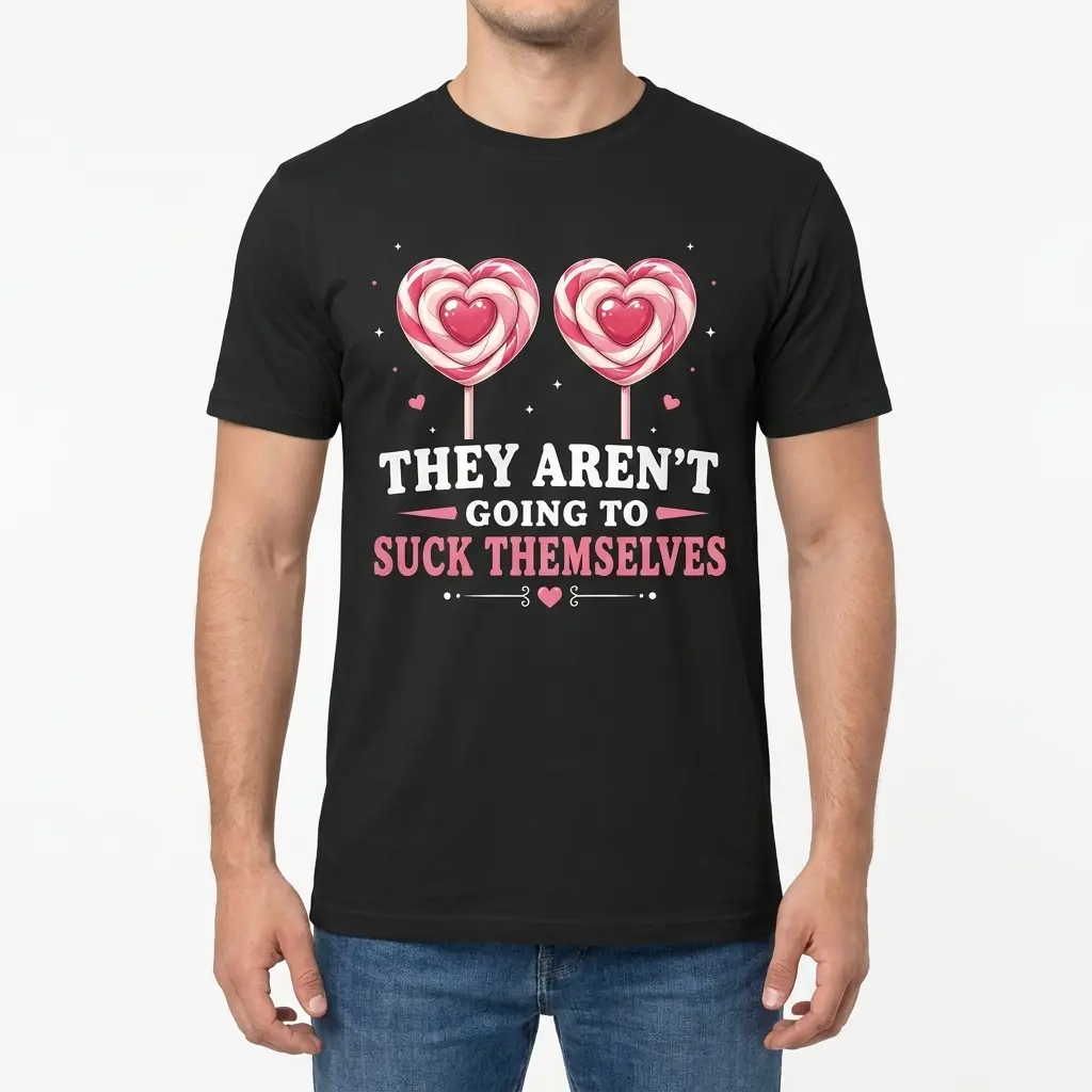 They Aren't Going to Suck Themselves Lollipop T-Shirt 4 Front view of a male model wearing the black They Aren't Going to Suck Themselves lollipop t-shirt.