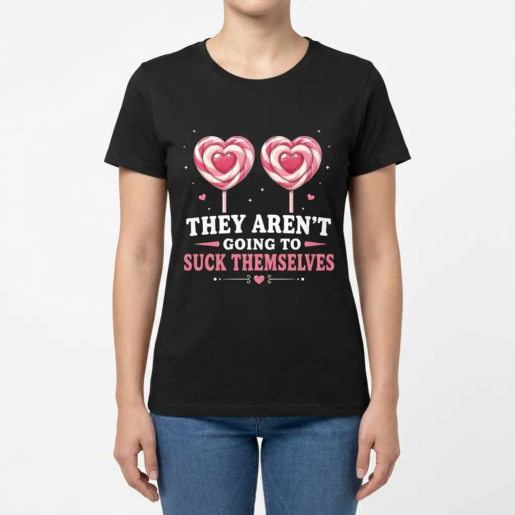 They Aren't Going to Suck Themselves Lollipop T-Shirt 6 Front view of a female model wearing the They Aren't Going to Suck Themselves heart lollipop t-shirt.