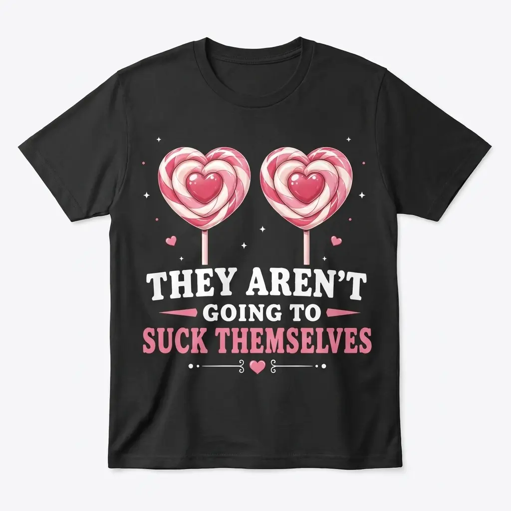 They Aren't Going to Suck Themselves Lollipop T-Shirt 1 Flat lay of They Aren't Going to Suck Themselves shirt featuring two heart lollipops printed on a black t-shirt.