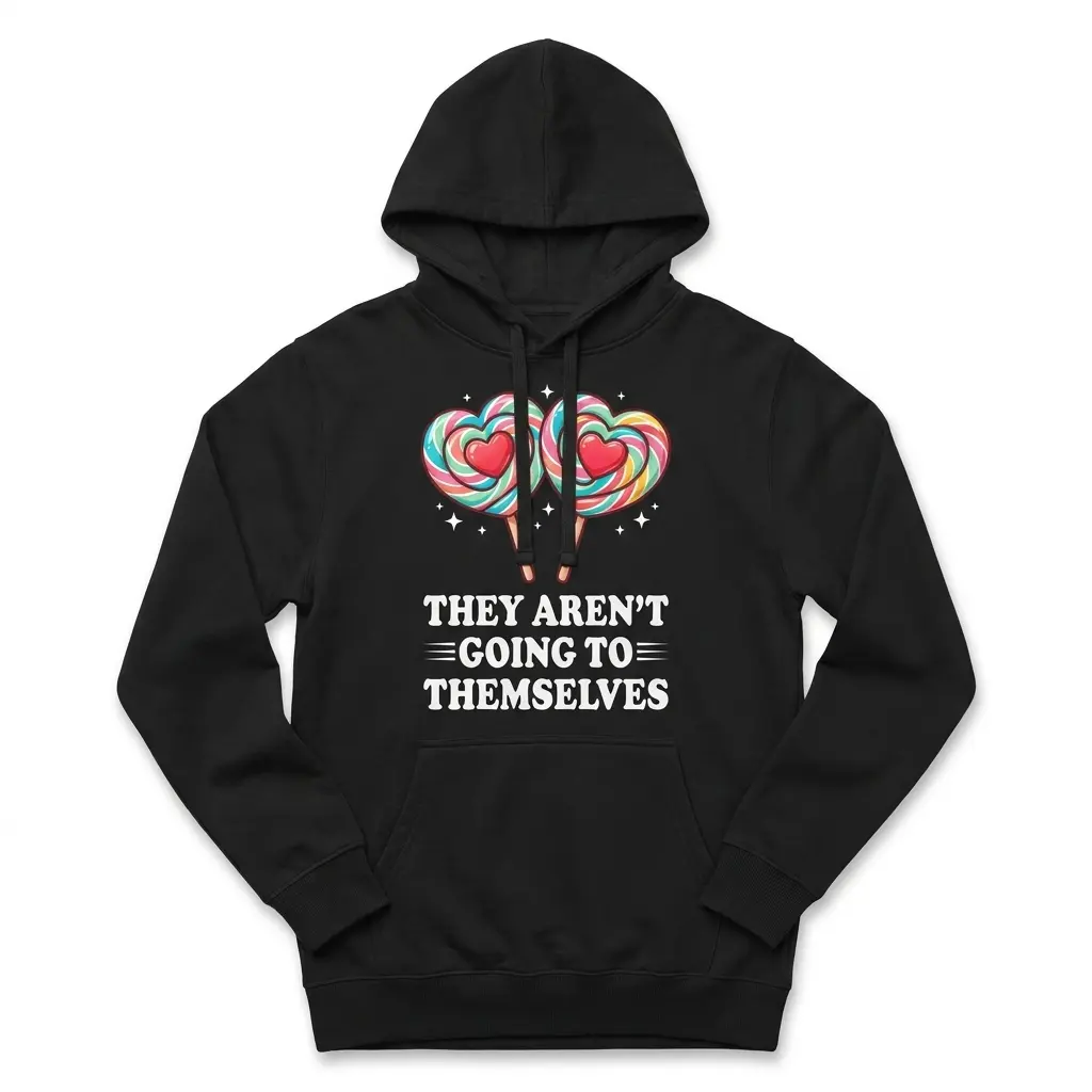 Front flat lay view of a hoodie printed with the colorful heart lollipops and They Aren't Going to Themselves graphic.