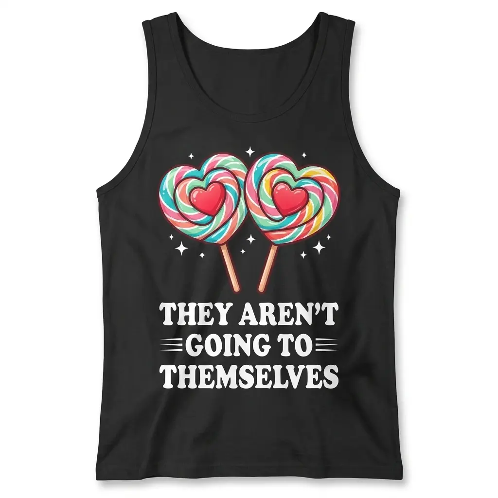 Front flat lay of a casual tank top featuring the sweet treats heart candy graphic and text.