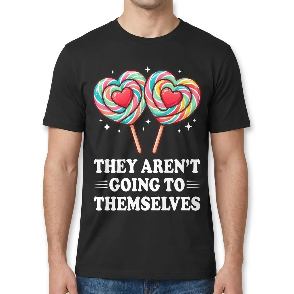 Man standing facing forward wearing the black t-shirt with heart lollipops and They Aren't Going to Themselves graphic.