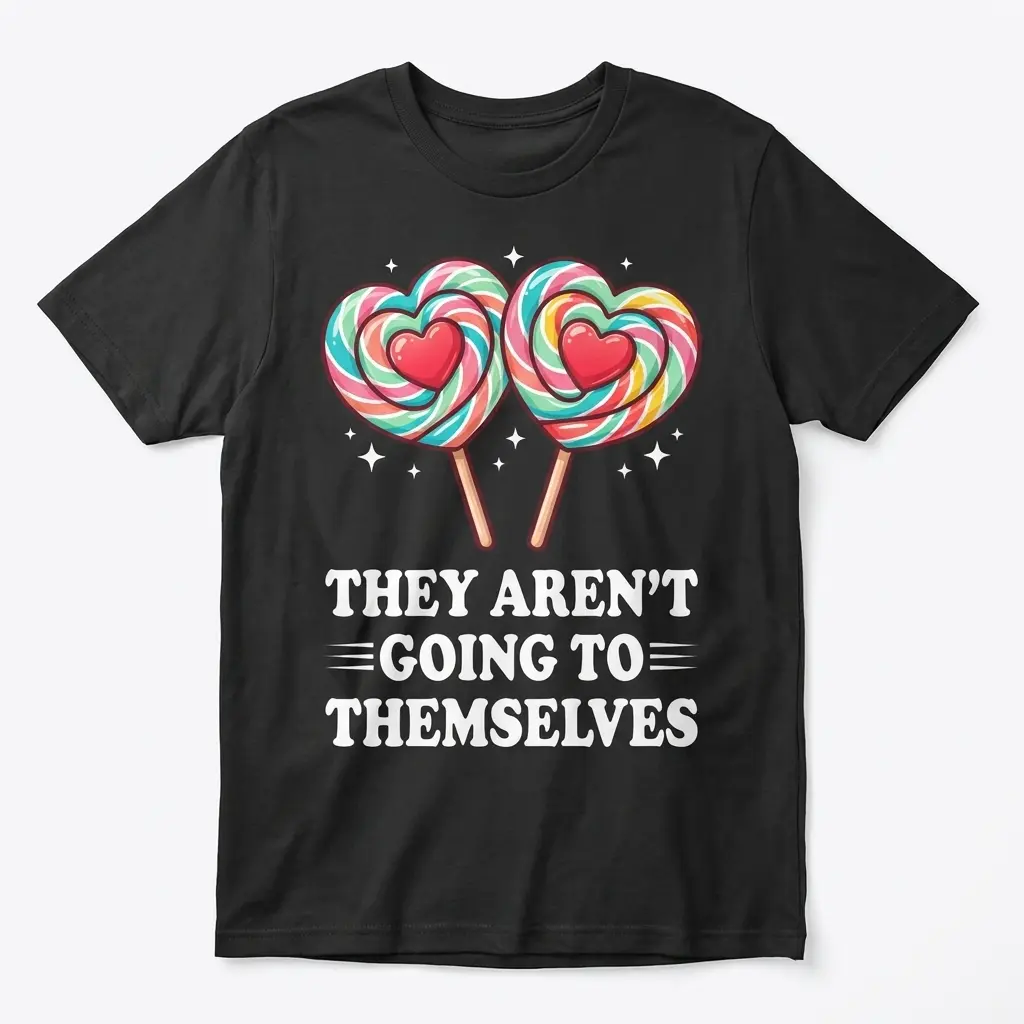 Front flat lay of a black t-shirt featuring two heart-shaped swirl lollipops and text reading They Aren't Going to Themselves.