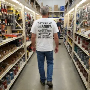 They Call Me Grandpa Partner In Crime Funny Family T-Shirt 10 Candid outdoor rear-angle photo of a grandfather wearing the white They Call Me Grandpa Partner In Crime T-Shirt