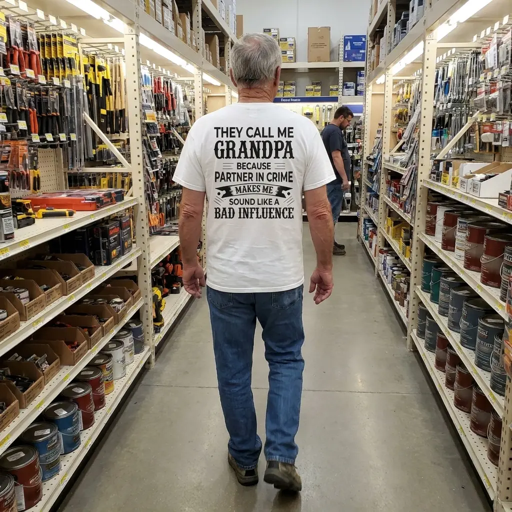 Candid outdoor rear-angle photo of a grandfather wearing the white They Call Me Grandpa Partner In Crime T-Shirt