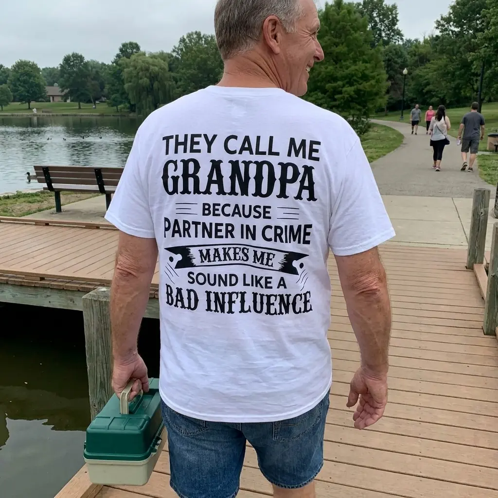 Relaxed everyday view showing the back print of the white They Call Me Grandpa Partner In Crime family humor shirt