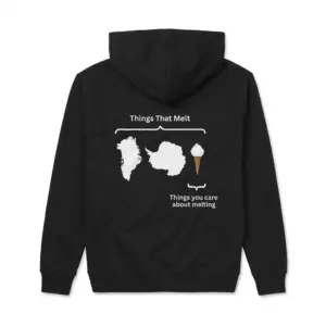 Things That Melt vs Things You Care About Melting T-Shirt 7 Cozy pullover hoodie displaying black tee back print diagram reading Things That Melt with Greenland Antarctica and an ice cream cone