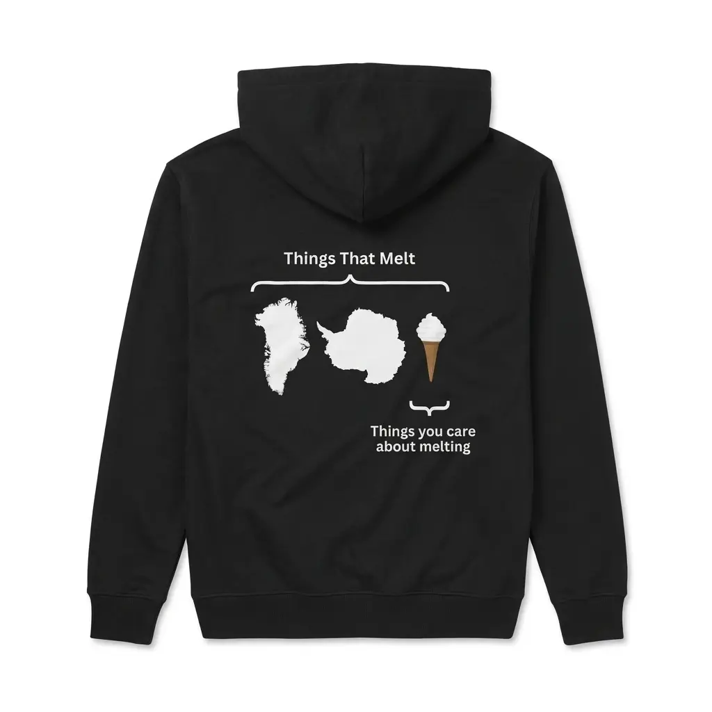 Things That Melt vs Things You Care About Melting T-Shirt 2 Cozy pullover hoodie displaying black tee back print diagram reading Things That Melt with Greenland Antarctica and an ice cream cone