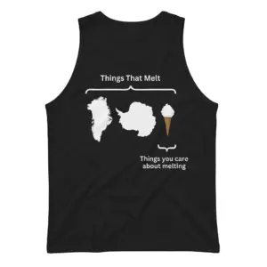 Things That Melt vs Things You Care About Melting T-Shirt 8 Sleeveless casual tank top with black tee back print diagram reading Things That Melt with Greenland Antarctica and an ice cream cone