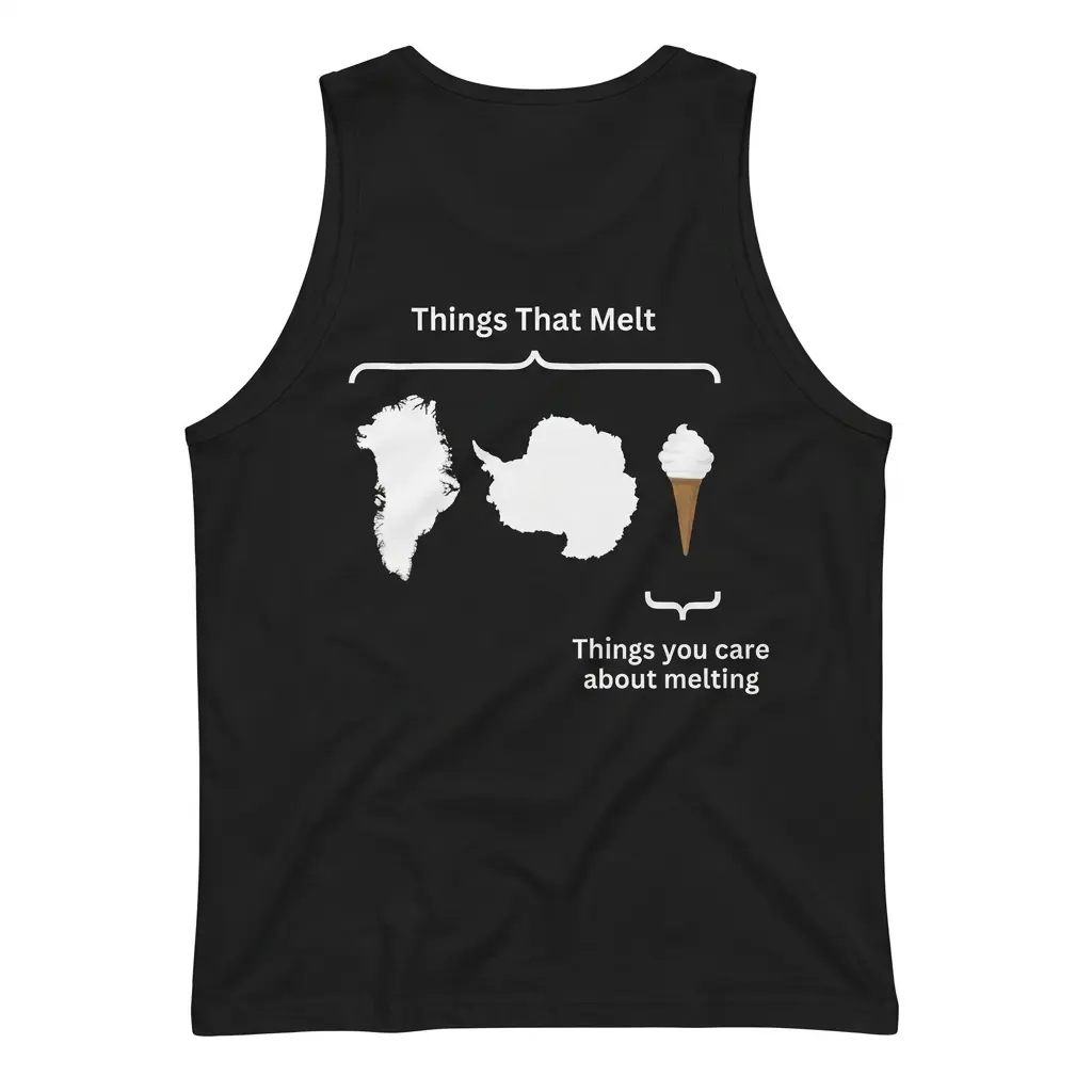 Things That Melt vs Things You Care About Melting T-Shirt 3 Sleeveless casual tank top with black tee back print diagram reading Things That Melt with Greenland Antarctica and an ice cream cone