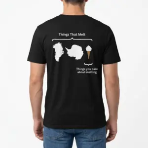 Things That Melt vs Things You Care About Melting T-Shirt 9 Man wearing black graphic tee with black tee back print diagram reading Things That Melt with Greenland Antarctica and an ice cream cone