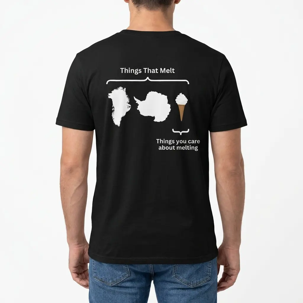 Things That Melt vs Things You Care About Melting T-Shirt 4 Man wearing black graphic tee with black tee back print diagram reading Things That Melt with Greenland Antarctica and an ice cream cone